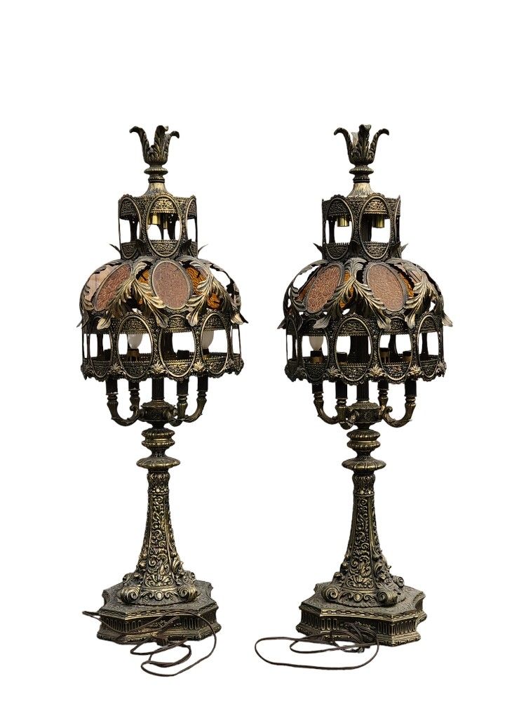 Set Pair 2 Vintage Loevsky? Brass? End Table Lamps Heavy Hollywood Regency 1970s MCM Moroccan