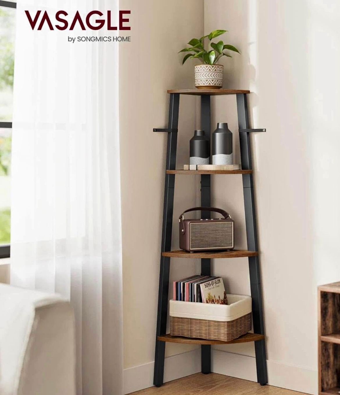 Corner Shelf Stand, 4-Tier Corner Bookshelf, Industrial Ladder Shelf, Plant Stand for Living Room, Office, Kitchen, Rustic Brown and Black