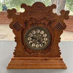 1878 Antique Ansonia mantel mechanical clock in oak cabinet, 8 day Peak strike
