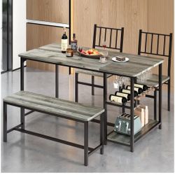 Dining Room Table Set for 4, 55" Kitchen Table Set with Storage Shelf, Wine Rack & Wine Glasses Holder, Dining Table Set with 2 Chairs and Bench for D