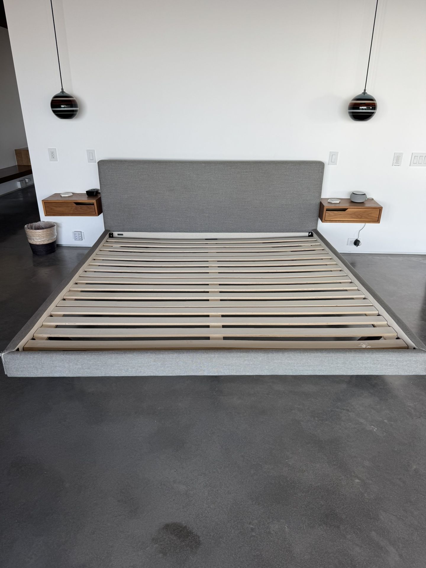 Article King Bed Frame Tessu Low Profile Upholstered gray Mid-century Slats Included