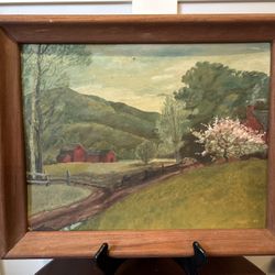 Vintage 1962 Framed Oil Painting of Country Scene with Red Barn by artist Taylor