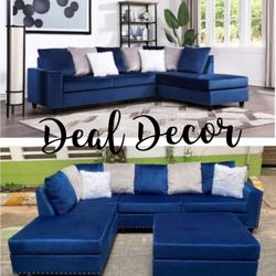 New Blue Velvet Sectional Sofa Couch with Pillows Ottoman Extra 