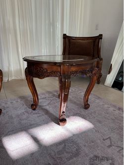 Ornate Carved Wood Side Table with Glass Tops – Traditional Luxury - Pair