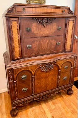 Depression Era Tall Mahogany 5 Drawer Dresser on Casters