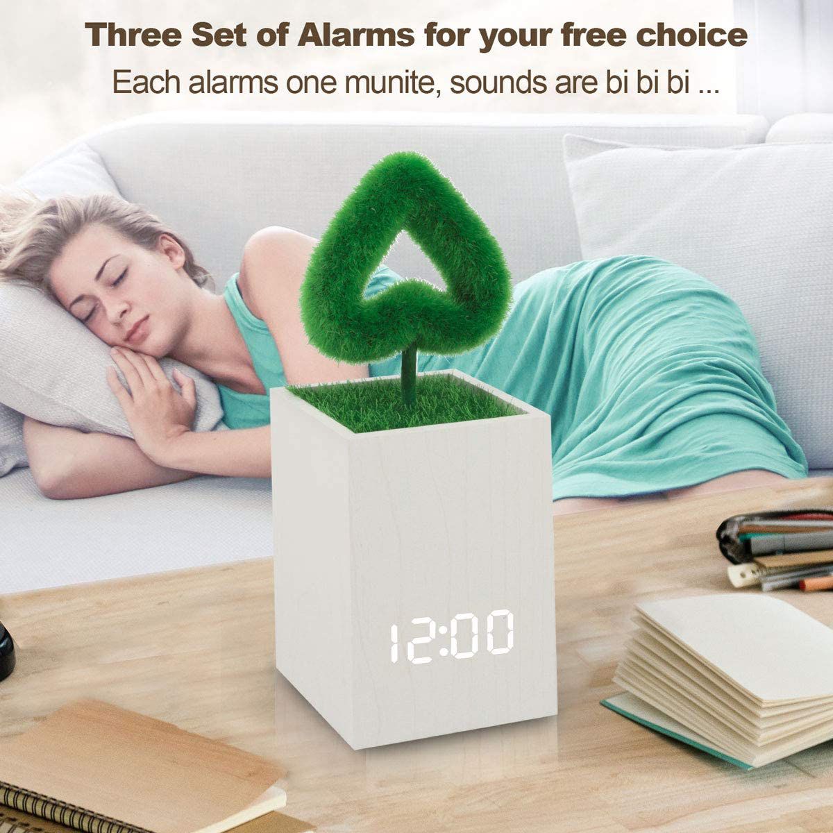 Digital Alarm Clock Wood LED Light Modern Cube Desk Alarm Clock with Artificial Green Plant Time Date Temperature Display for Home Office Travel