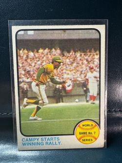 1973 Topps #209 baseball card featuring "Campy Starts Winning Rally" from the World Series.