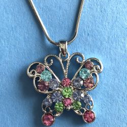  Multicolor Crystal Butterfly Necklace  On Snake Chain *Ship Nationwide Or Pickup Boca Raton