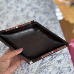 Native American-style wooden bowl, featuring tapestry detail  accents