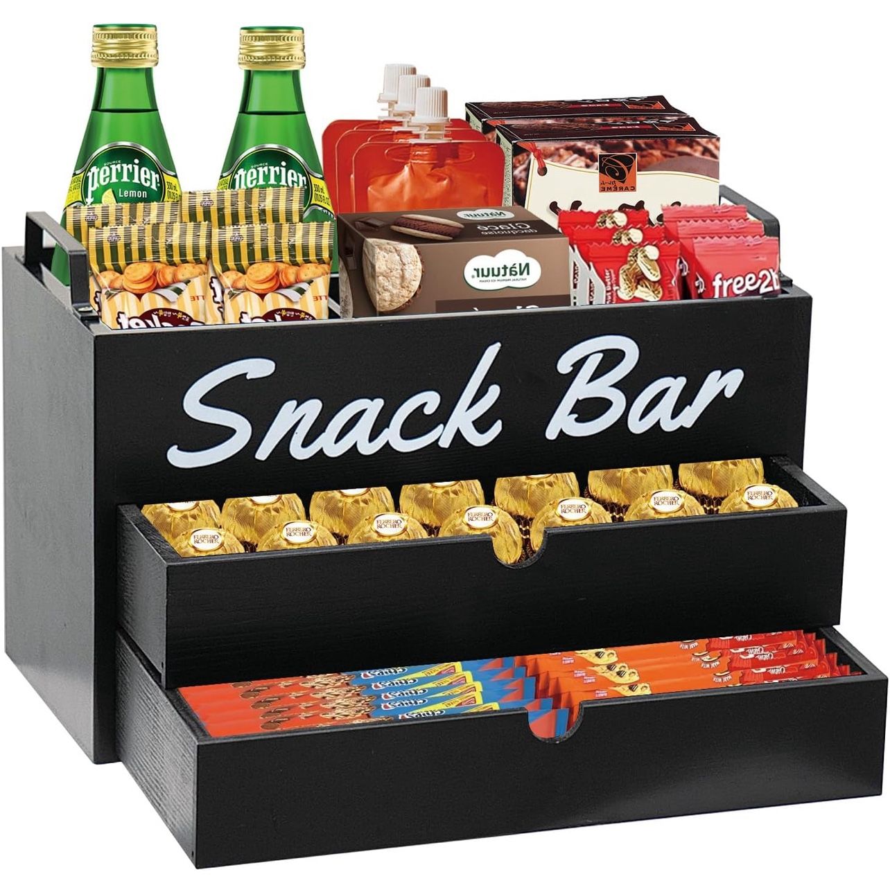 Snack Bar Organizer for Countertop, Wood Snack Bar Station with Handles, 4 Compartment Food Container Snack Box with Drawer, Pantry Organizers and Sto
