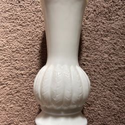 Randall Milk Glass Vase Flower Vase White Opaque Feather Wheat Leaf 9" tall