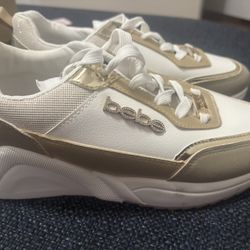 New Bebe Sport White Gold Sneakers Womens 8.5