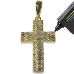 Moissanite Cross Crucifix Pendant Men Women Italy 925 Sterling Silver, 14K Gold 5X Layered, Jesus Christ Pendant, Passes Diamond Tester