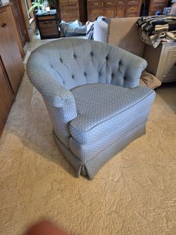 Set of 2 reupholstered blue swivel armchairs
