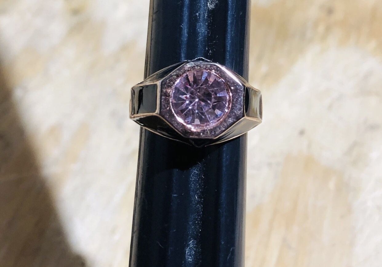 Pink Zirconia Ring Rose Gold Plated With Black Enamel Accents Size 7