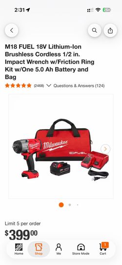 M18 FUEL 18V Lithium-lon Brushless Cordless 1/2 in. Impact Wrench w/Friction Ring Kit w/One 5.0 Ah Battery and Bag