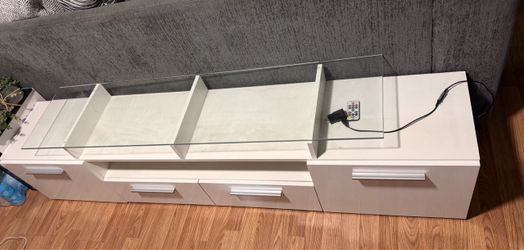 White TV Stand with Glass Top and Drawers