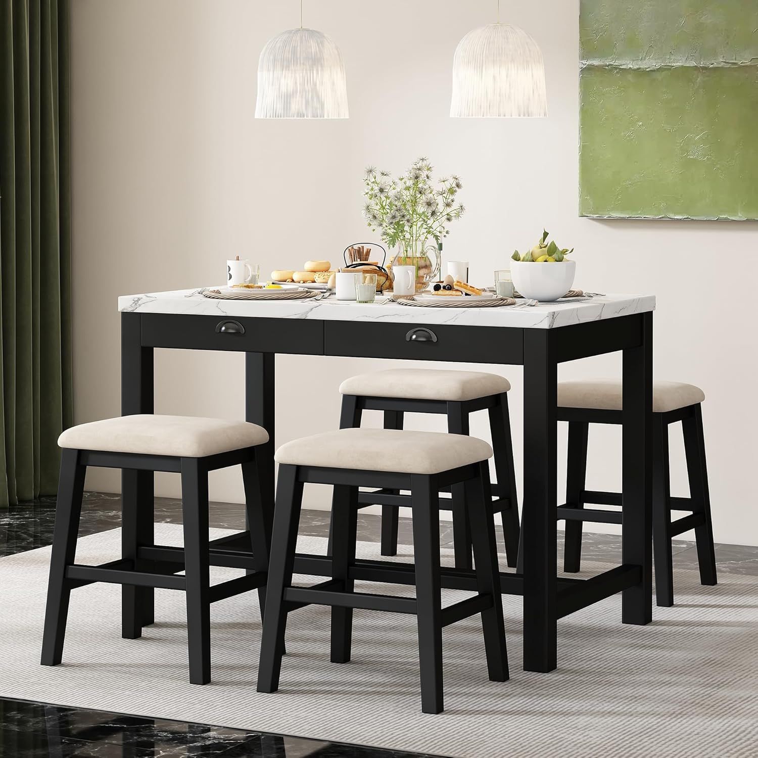 5-Pc  Black Counter Height Dining Set w/ Faux Marble (2-Drawer) Dining Table + 4-Padded Stools  [NEW] **Retails for $320 <<Assembly Req>> 
