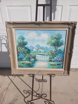 Vintage decorative framed European cottage flower field impressionist signed oil on canvas painting