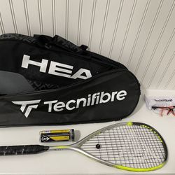 Squash equipment- racket, balls, eyewear, carry bag