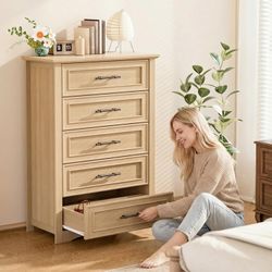 NEW005-LZGX $115  Farmhouse 5 Drawers Dresser, 45.5" H Modern Country Storage Dressers with Brushed Metal Handles, Wood Storage Organizers for Bedroom