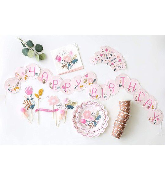 Floral Party Decorations For Girls - Pink Garden Party Supplies Set -Blush Party Decor For Kids First Birthday Or Baby Shower, Bridal Shower 98 Piece 