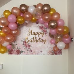 Arch backdrop, and hanging balloon balloons