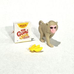 Baboon (gray monkey) + Bananas (Gumi Yum Surprise - Widlife) Collectible Animal Figurine / Puzzle Toy — with instructions