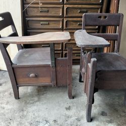 2 Antique Industrial Child School Desk Chair Oak Wood Langslow Fowler Moulthrop