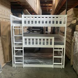 Triple bunk bed. Available in white & espresso. Assembly required. Assembly not included. Taxes included. Free delivery.  Bunk bed only-$450 Bunk bed