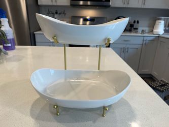 2-Tier White Ceramic fruit basket with metal stand