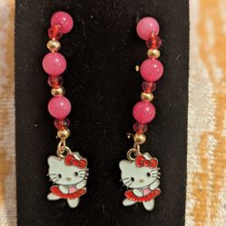 Hello Kitty Ballerina Earrings with Pink Agate, Gold and Red Accents