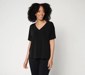 Susan Graver Essentials Liquid Knit V-Neck Dolman Sleeve Top Black, XX-Small
