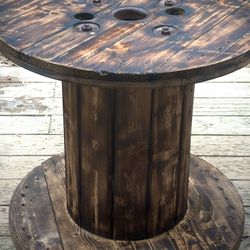 Beautiful Burnt Wood Wire Reel Table (approx 28in Diameter/30in Tall)