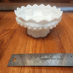 Vintage Fenton White Milk Glass Hobnail 6 Flower And  Candle Holder Ruffled Centerpiece Bowl