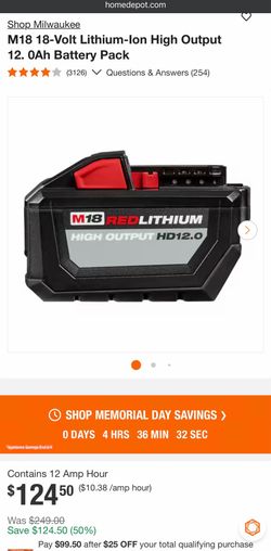 M18 18-Volt Lithium-Ion High Output 12. 0Ah Battery Pack