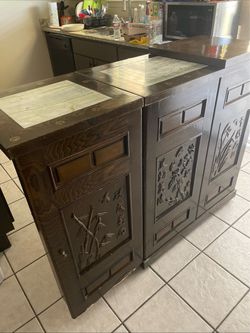 Vintage Korean Carved Wood Marble Top Asian Chinese Liquor Cabinet Dry Bar