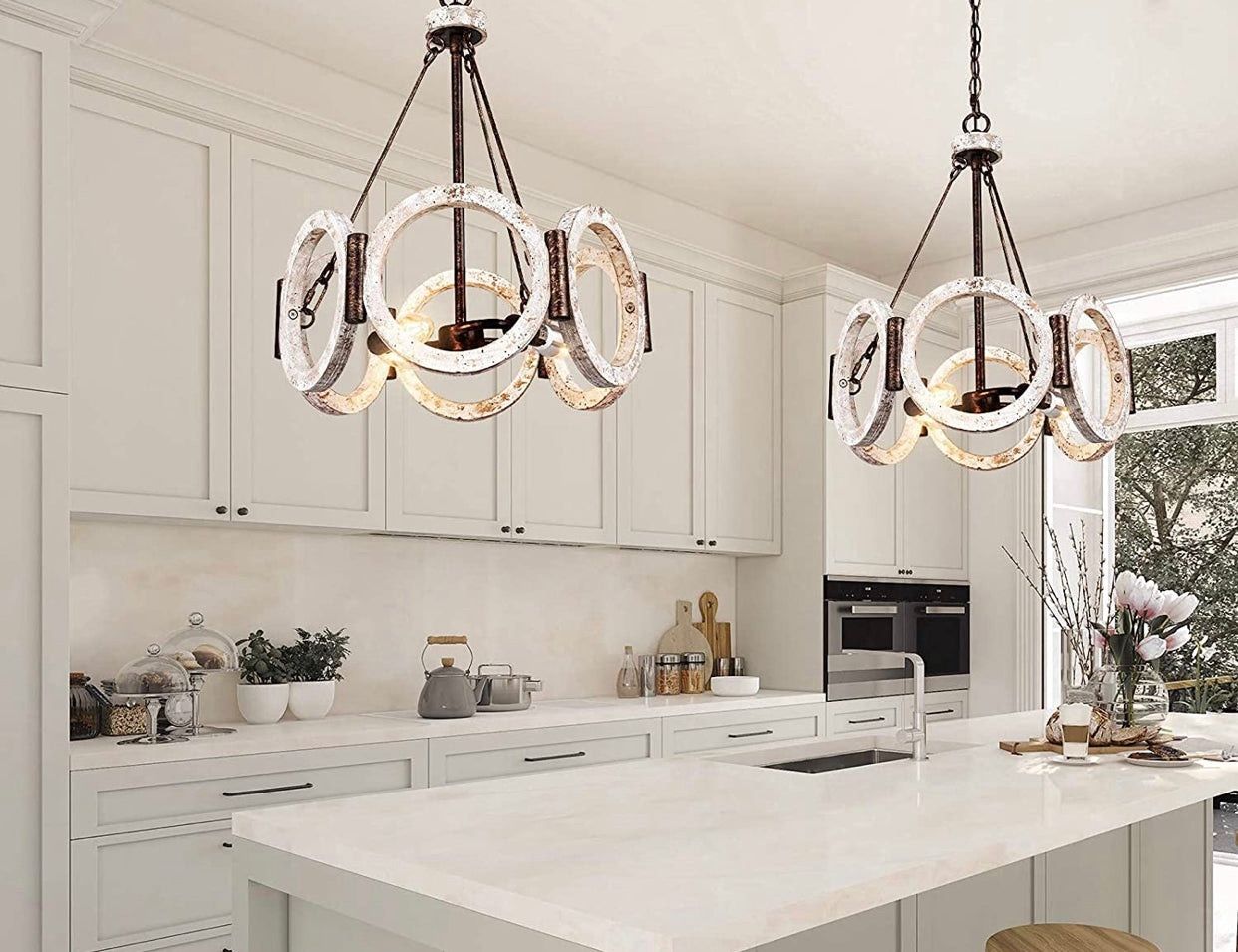 3 Light Geometric Ring Farmhouse Chandelier, Drum Pendant Lighting Fixture with Adjustable Height, Rustic Wood Kitchen Island Light for Dining Room Is