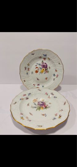 Antique Maissen 1 Neubeandenstein Relief Plates Set of 2 Hand Painted 8”. Fine Pair of antique Maissen porcelain plates in “Neu-Ozier” molded 