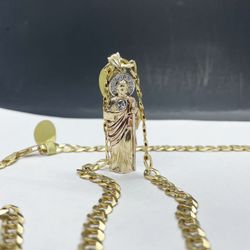 14k solid gold Cubana chain and San judas 3D charm , necklance gold pendant