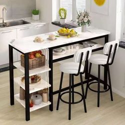 Kitchen Bar Height Table and Chairs for 2, 5-Tier Compact Dining Room Table, White Faux Marble Top and 2 PU Leather Upholstered Seat Black Frame, Mode