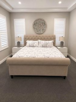 Beige Upholstered Sleigh Bed Frame