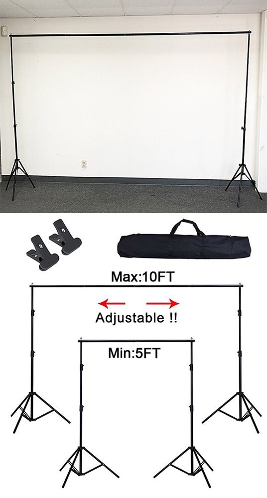 New $30 Adjustable Backdrop Stand (6.5ft tall x 10ft wide) Photo Photography Background w/ Carry Bag & 2 Clip