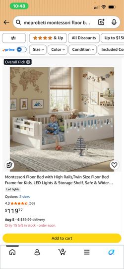 Kids Twin Floor Bed White w/Led Lights