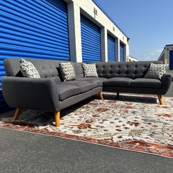 Gray Mid-Century Modern Tufted Sectional Sofa