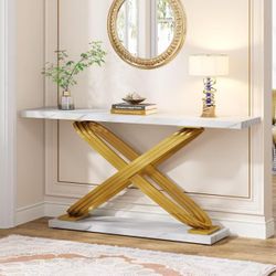 55 Inch Modern Console Table, Faux Marble Gold Entryway Table 