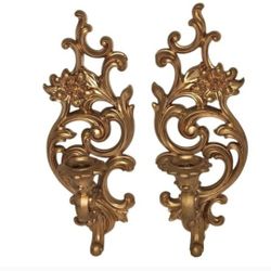 Ornate Floral Scroll Candle Sconce Pair Syroco 5133 R&L 1965 MCM Hollywood Regency