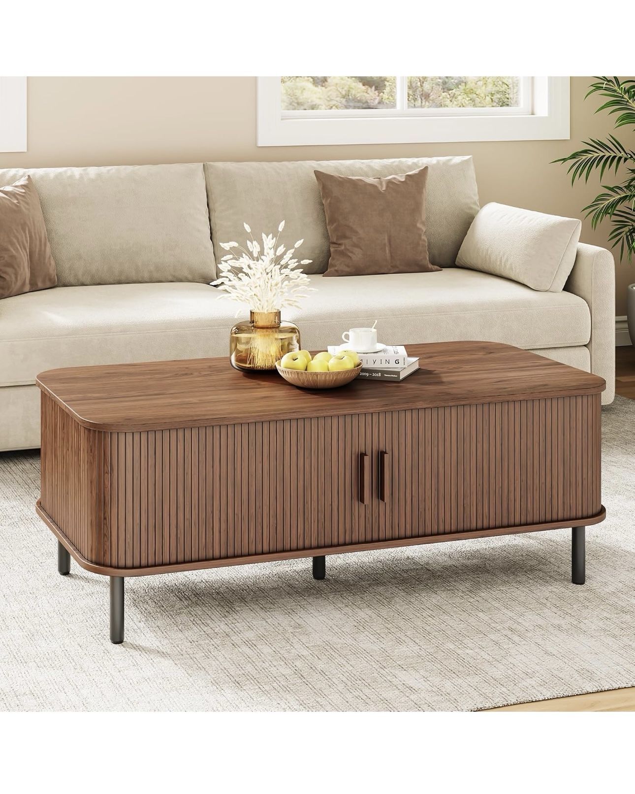 Coffee Table with Storage, 47.2" Mid Century Modern Coffee Tables for Living Room, Rectangle Wood Center Table with Sliding Tambour Door &