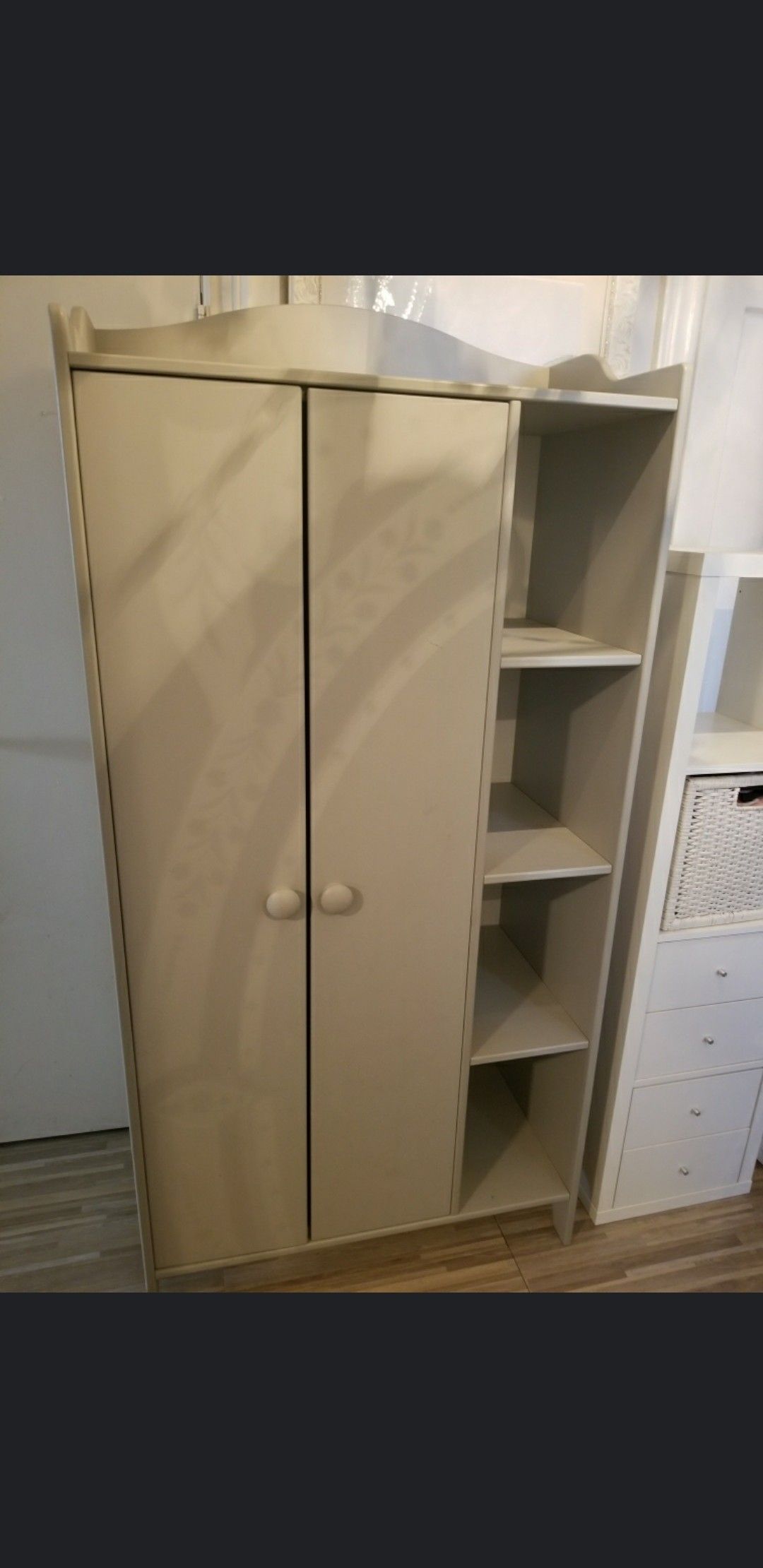 Grey closet with cubbies/bookshelves and White Cubby with 4 drawers and basket!