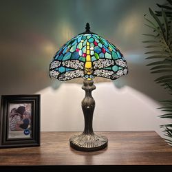 Tiffany Style Table Lamp Green Blue Stained Glass Dragonfly LED Bulb 19"H*12"W*12"D